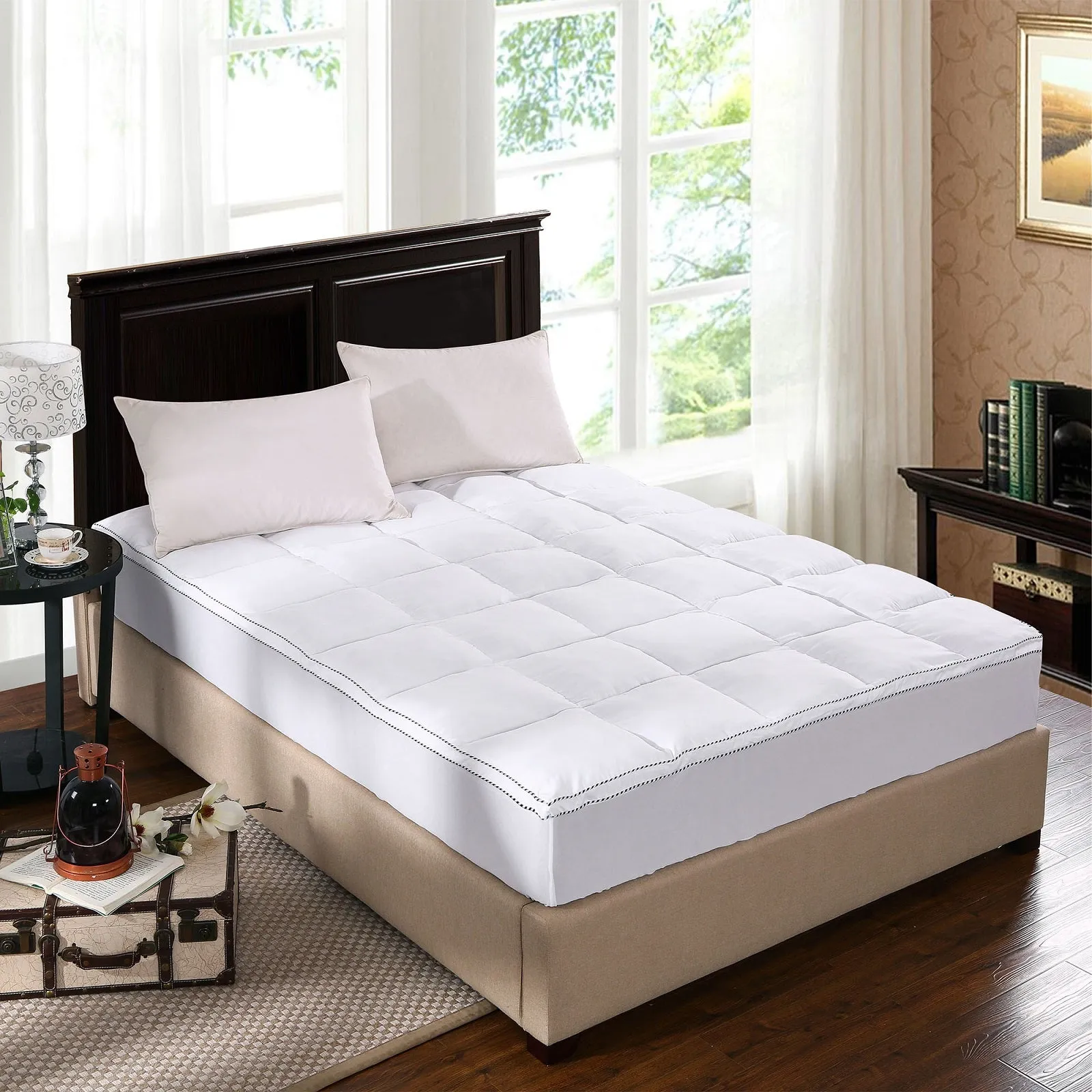 1000GSM Luxury Bamboo Fabric Gusset Mattress Pad Topper Cover | Queen | White
