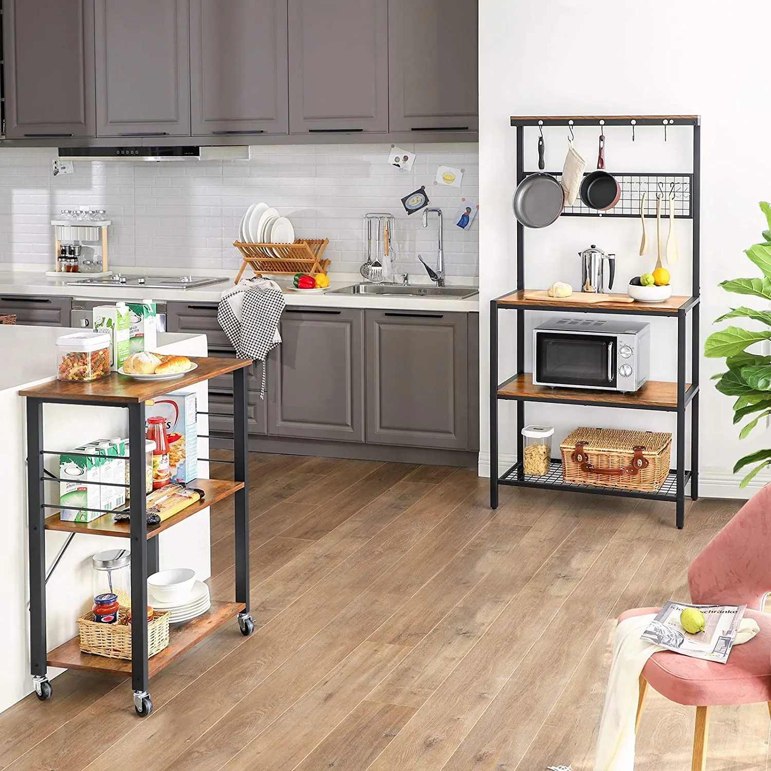 3-Tier Serving Cart With Metal Frames & Hooks