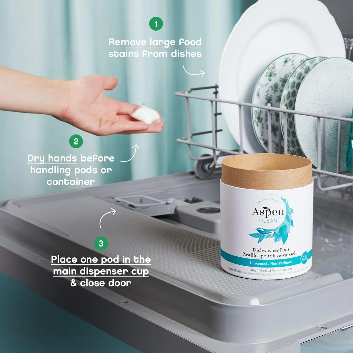 Unscented Dishwasher Pods, New and Improved Packaging, Zero Plastic, Vegan, Eco-Friendly, Natural Dishwasher Detergent